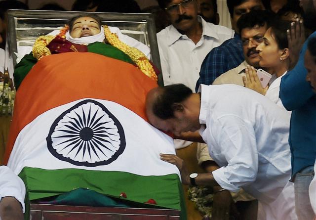 Actor Rajinikanth paying his last respects to AIADMK Supremo J Jayalalithaa at Rajaji Hall in Chennai on Tuesday. (PTI) Actor Rajinikanth paying his last respects to AIADMK Supremo J Jayalalithaa at Rajaji Hall in Chennai on Tuesday. (PTI)