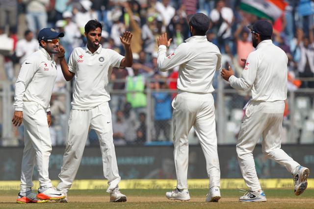 Bhuvneshwar Kumar dismissed Keaton Jennings for 0 as India got off to a great start at the Wankhede. (BCCI)