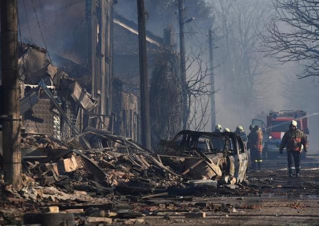 Firefighters work on the site where a cargo train derailed and exploded in the village of Hitrino, Bulgaria. (Reuters) Firefighters work on the site where a cargo train derailed and exploded in the village of Hitrino, Bulgaria. (Reuters)
