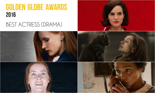 Clockwise from top right: Natalie Portman, Jackie; Isabelle Huppert, Elle; Ruth Negga, Loving; Amy Adams, Arrival and Jessica Chastain, Miss Sloane. Clockwise from top right: Natalie Portman, Jackie; Isabelle Huppert, Elle; Ruth Negga, Loving; Amy Adams, Arrival and Jessica Chastain, Miss Sloane.