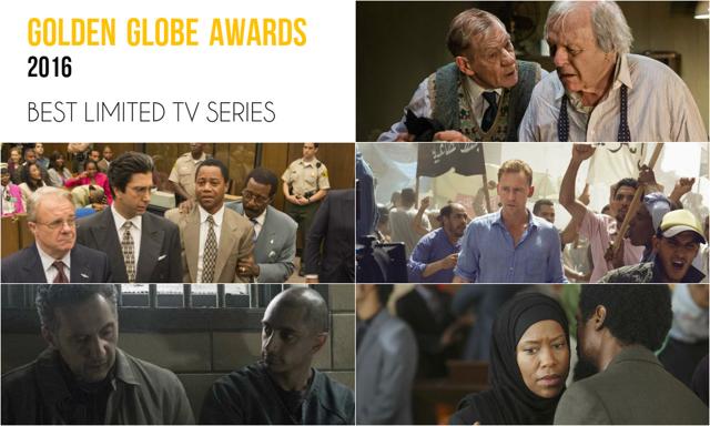 Clockwise from top right: The Dresser, The Night Manager, American Crime, The Night Of and The People v. O.J Simpson: American Crime Story. Clockwise from top right: The Dresser, The Night Manager, American Crime, The Night Of and The People v. O.J Simpson: American Crime Story.