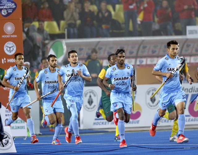 The Indian team during the hockey Junior World Cup match against South Africa in Lucknow on Monday (Hockey India) The Indian team during the hockey Junior World Cup match against South Africa in Lucknow on Monday (Hockey India)