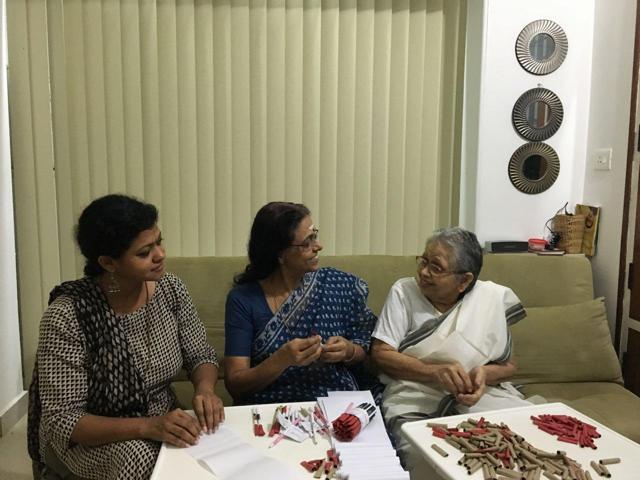 Lakshmi with her mother and grandmother involved in making her innovative brand of Entree pens. (Lakshmi Menon) Lakshmi with her mother and grandmother involved in making her innovative brand of Entree pens. (Lakshmi Menon)