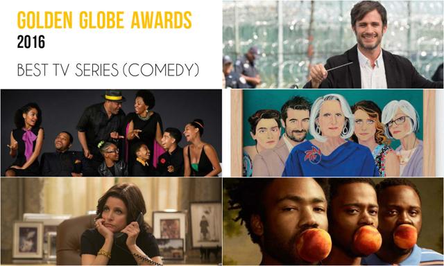 Clockwise from top right: Mozart in the Jungle, Transparent, Atlanta, Veep and black-ish. Clockwise from top right: Mozart in the Jungle, Transparent, Atlanta, Veep and black-ish.