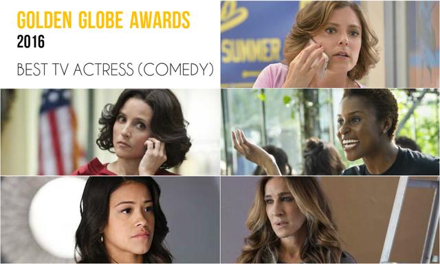 Clockwise from top right: Rachel Bloom, Crazy Ex-Girlfriend; Issa Rae, Insecure; Sarah Jessica Parker, Divorce; Gina Rodriguez, Jane The Virgin and Julia Louis-Dreyfus, Veep. Clockwise from top right: Rachel Bloom, Crazy Ex-Girlfriend; Issa Rae, Insecure; Sarah Jessica Parker, Divorce; Gina Rodriguez, Jane The Virgin and Julia Louis-Dreyfus, Veep.