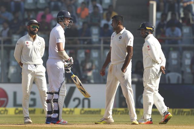 James Anderson of England talk with Ravichandran Ashwin of India during day 5 of the fourth test match between India and England held at the Wankhede Stadium, Mumbai on Monday. (BCCI)
