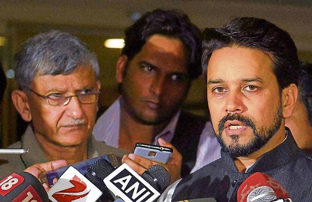 BCCI president Anurag Thakur along with BCCI secretary Ajay Shirke intracts with media at the BCCI headquarters in Mumbai (PTI) BCCI president Anurag Thakur along with BCCI secretary Ajay Shirke intracts with media at the BCCI headquarters in Mumbai (PTI)