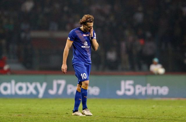 Diego Forlan of Mumbai City FC walks back after receiving a red card during the semi-final 1st Leg match of the Indian Super League (ISL) season 3 against Atletico de Kolkata at the Rabindra Sarobar Stadium in Kolkata on December 10. (ISL) Diego Forlan of Mumbai City FC walks back after receiving a red card during the semi-final 1st Leg match of the Indian Super League (ISL) season 3 against Atletico de Kolkata at the Rabindra Sarobar Stadium in Kolkata on December 10. (ISL)