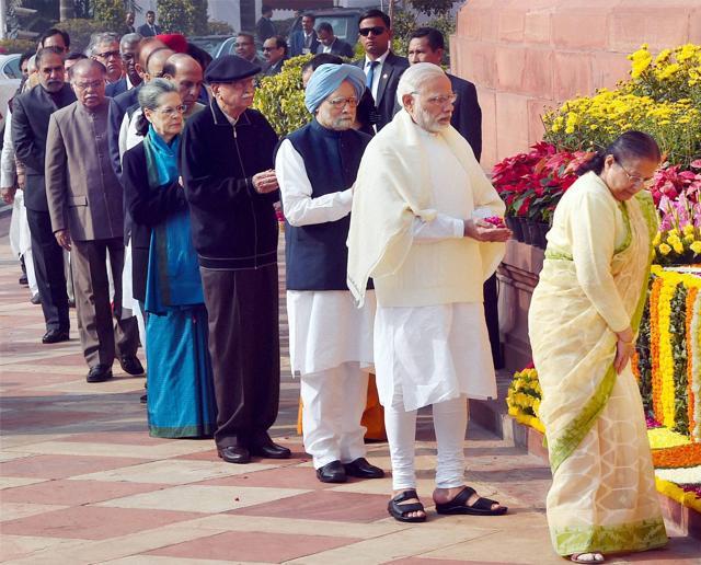 Prime Minister Narendra Modi along with senior leaders offering floral tributes on the anniversary of the 2001 Parliament attack. (PTI Photo)