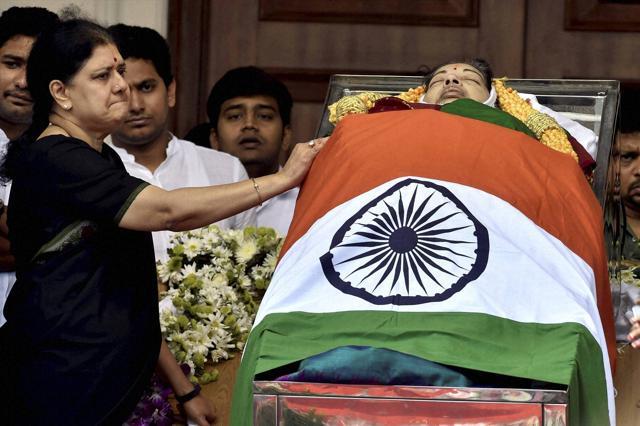 V Sasikala, the close aide of Tamil Nadu's former chief minister Jayalalithaa near her mortal remains kept at Rajaji Hall for public viewing in Chennai on November 6. (PTI) V Sasikala, the close aide of Tamil Nadu's former chief minister Jayalalithaa near her mortal remains kept at Rajaji Hall for public viewing in Chennai on November 6. (PTI)