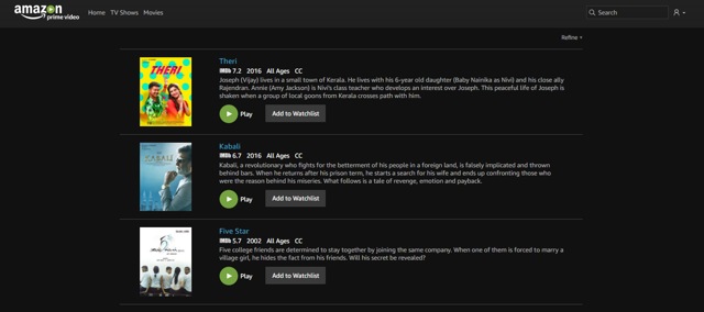 The ‘Tamil’ section features Rajinikanth’s last film Kabali.