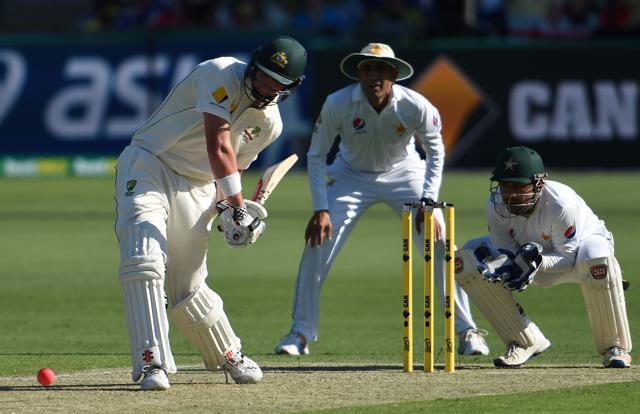 Australia's batsman Matt Renshaw (L) plays a shot as Pakistani wicketkeeper Sarfraz Ahmed (R) looks on. (AFP) Australia's batsman Matt Renshaw (L) plays a shot as Pakistani wicketkeeper Sarfraz Ahmed (R) looks on. (AFP)