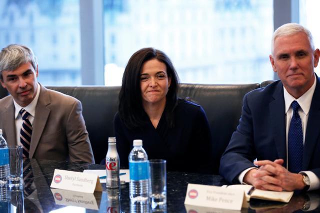 (Left-right) Larry Page, CEO and co-founder of Alphabet, Sheryl Sandberg, COOrof Facebook, and US vice president-elect Mike Pence at the Trump Tower in New York. (Reuters Photo) (Left-right) Larry Page, CEO and co-founder of Alphabet, Sheryl Sandberg, COOrof Facebook, and US vice president-elect Mike Pence at the Trump Tower in New York. (Reuters Photo)