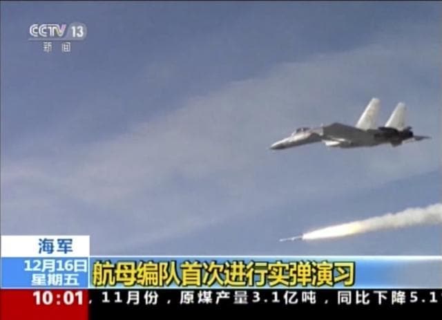 A jet from China's aircraft carrier Liaoning is seen during live-ammunition drill recently in the waters of the Bohai Sea in northern China. (AP Photo)
