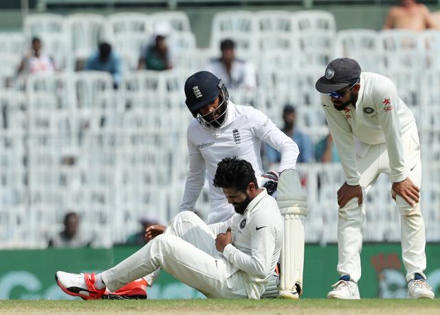 Ravindra Jadeja of India is injured after a clash with Adil Rashid of England during day two of the 5th Test between India and England at the MA Chidambaram Stadium, Chennai. (BCCI)