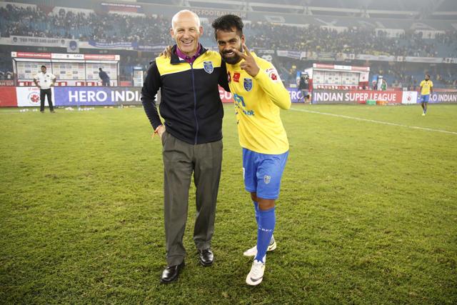 Mohammed Rafique of Kerala Blasters FC with coach Steve Coppell during the semi-final 2nd Leg match of the Indian Super League (ISL) season 3 between Delhi Dynamos FC and Kerala Blasters FC at the Jawaharlal Nehru Stadium in Delhi India on December 14, 2016. (ISL ) Mohammed Rafique of Kerala Blasters FC with coach Steve Coppell during the semi-final 2nd Leg match of the Indian Super League (ISL) season 3 between Delhi Dynamos FC and Kerala Blasters FC at the Jawaharlal Nehru Stadium in Delhi India on December 14, 2016. (ISL )