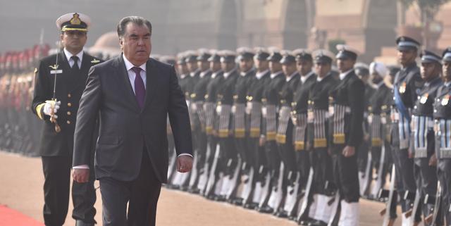 President of Tajikistan Emomali Rahmon inspects the guard of honour during the ceremonial reception at the Rashtrapati Bhavan in New Delhi on Saturday. (Raj K Raj/HT photo) President of Tajikistan Emomali Rahmon inspects the guard of honour during the ceremonial reception at the Rashtrapati Bhavan in New Delhi on Saturday. (Raj K Raj/HT photo)