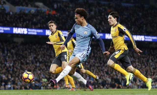Manchester City's Leroy Sane has a shot saved by Arsenal's Petr Cech. (REUTERS) Manchester City's Leroy Sane has a shot saved by Arsenal's Petr Cech. (REUTERS)
