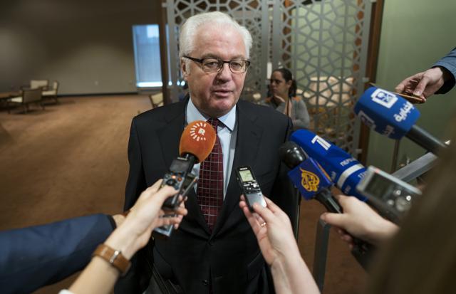 Russian United Nations Ambassador Vitaly Churkin addresses reporters before an expected vote by the U.N. Security Council at the United Nations headquarters on Sunday. (AP Photo) Russian United Nations Ambassador Vitaly Churkin addresses reporters before an expected vote by the U.N. Security Council at the United Nations headquarters on Sunday. (AP Photo)