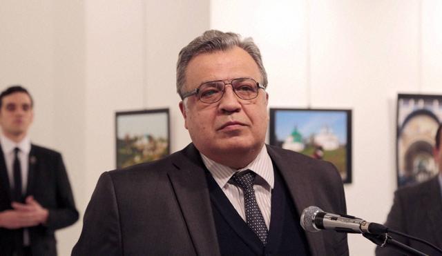 The Russian Ambassador to Turkey speaks at the gallery moments before the attack. (AP) The Russian Ambassador to Turkey speaks at the gallery moments before the attack. (AP)