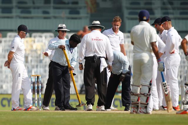Stuart Broad and the England team had some concern with the footmarks near the bowler’s popping crease on day 4. (BCCI)