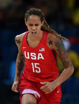Brittney Griner of the United States reacts at the Carioca Arena on Day 13 of the 2016 Olympic Games on August 18, 2016 in Rio de Janeiro. (Getty Images) Brittney Griner of the United States reacts at the Carioca Arena on Day 13 of the 2016 Olympic Games on August 18, 2016 in Rio de Janeiro. (Getty Images)