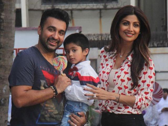 Raj Kundra with wife, Shilpa Shetty during the 4th birthday celebrations of their son Viaan in Mumbai. (Pramod Thakur HT Photo)