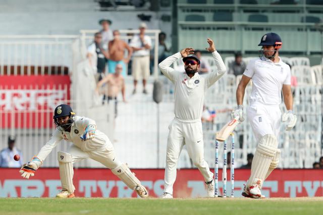 Parthiv Patel dropped a catch early on day 5. Alastair Cook was the batsman and Ravichandran Ashwin the bowler. (BCCI)