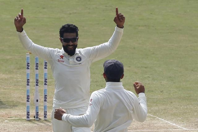 Ravindra Jadeja and Virat Kohli celebrate the wicket of Alastair Cook Captain on day 5 of the fifth India vs England Test in Chennai on December 20. (BCCI)