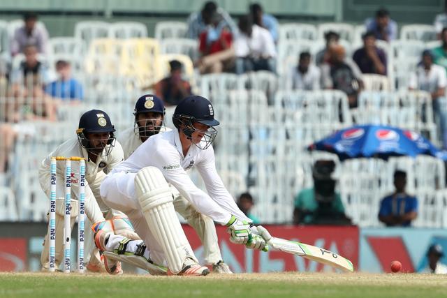 Keaton Jennings played a couple of reverse sweeps as he shared a wonderful partnership with Alastair Cook. (BCCI)