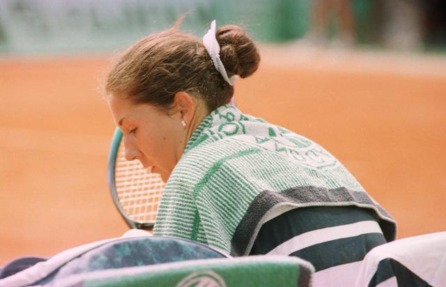 June 1, 1996: Monica Seles of the USA against Magdalena Maleeva of Bulgaria, the first time they have played each other since Seles was stabbed in Germany in 1993 during the fourth round of the French Open at Roland Garros. (Getty Images) June 1, 1996: Monica Seles of the USA against Magdalena Maleeva of Bulgaria, the first time they have played each other since Seles was stabbed in Germany in 1993 during the fourth round of the French Open at Roland Garros. (Getty Images)