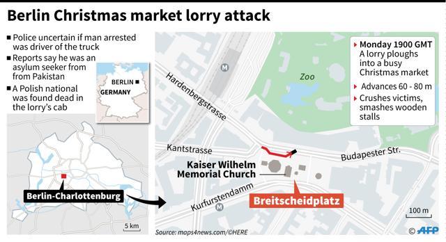 Map locating the Breitscheidplatz in Berlin where a truck crashed into a crowd at Christmas market, killing several people and injuring dozens. (AFP) Map locating the Breitscheidplatz in Berlin where a truck crashed into a crowd at Christmas market, killing several people and injuring dozens. (AFP)