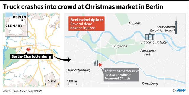 Map locating the Breitscheidplatz in Berlin where a truck crashed into a crowd at Christmas market, killing several people and injuring dozens. (AFP) Map locating the Breitscheidplatz in Berlin where a truck crashed into a crowd at Christmas market, killing several people and injuring dozens. (AFP)