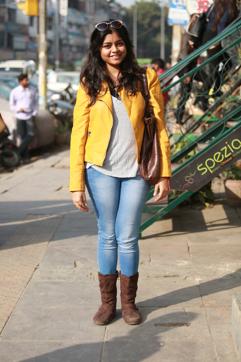 Ishita Srivastava of Maitreyi College makes a statement with her bright yellow jacket. (Amal KS/HT)