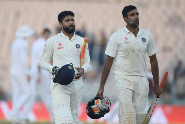 Ravindra Jadeja and Ravichandran Ashwin walk back after the second day of the third Test cricket match between India and England in Mohali on November 27, 2016. (AFP) Ravindra Jadeja and Ravichandran Ashwin walk back after the second day of the third Test cricket match between India and England in Mohali on November 27, 2016. (AFP)