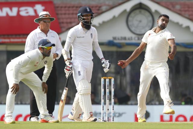Ravichandran Ashwin bowls on day two of the 5th Test match between India and England held at the M. A. Chidambaram Stadium in Chennai on December 16, 2016. (BCCI)