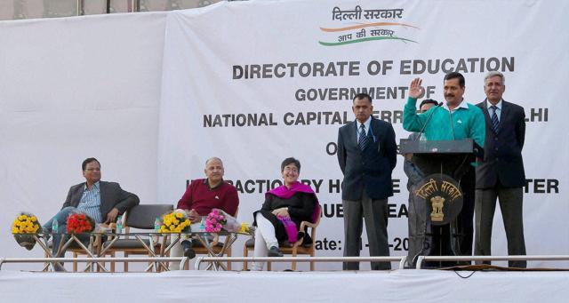 Delhi CM Arvind Kejriwal addresses Heads of the Government Schools and Guest Teachers at a function in New Delhi on Wednesday. (PTI)