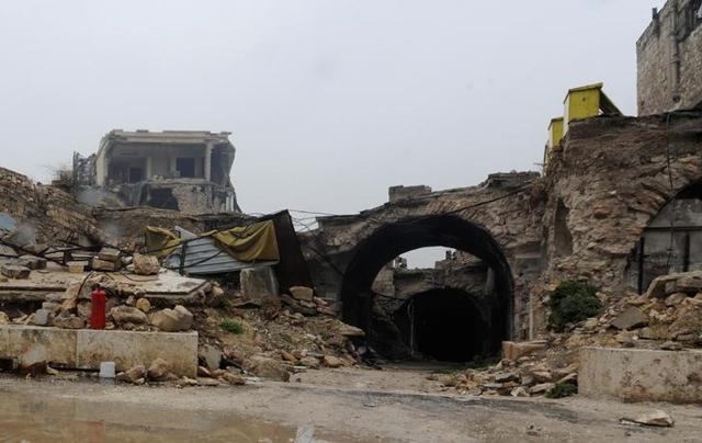 A general view shows damage on the entrance to al-Zarab souk in the Old city of Aleppo, Syria. (Reuters Photo)