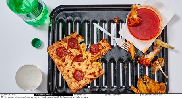 Medium pizza with sausage and pepperoni, chicken wings with Buffalo sauce and a large soda served to a 50-year-old from Georgia. (Henry Hargreaves/ayearofkilling.com)