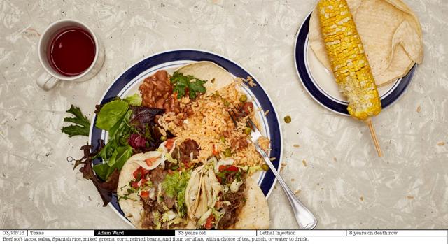 Beef soft tacos, salsa, Spanish rice, mixed greens, corn, refried beans, and flour tortillas, with a choice of tea, punch, or water to drink served to a 33-year-old from Texas. (Henry Hargreaves/ayearofkilling.com)