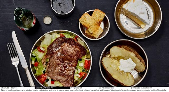 Rib eye steak, medium rare; a baked potato with butter and sour cream; a salad made of iceberg lettuce, cucumber and tomato; baked garlic bread; lemon meringue pie; and a bottle of CocaCola served to a 53-year-old from Florida. (Henry Hargreaves/ayearofkilling.com)