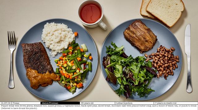 Pepper steak with brown gravy, steamed rice, mixed greens, a vegetable blend, black eyed peas, sliced bread, chocolate cake with peanut butter icing, and a choice of water, tea, or punch to drink (believed to have drunk the punch) served to a 35-year-old from Texas. (Henry Hargreaves/ayearofkilling.com)