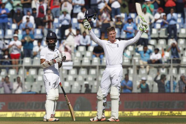 Keaton Jennings of England celebrates his hundred on Day 1 of the fourth Test match between India and England in Mumbai on December 8, 2016. (BCCI)