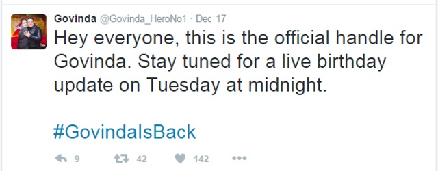 Actor Govinda informed his fans about his arrival on Twitter. (Twitter)