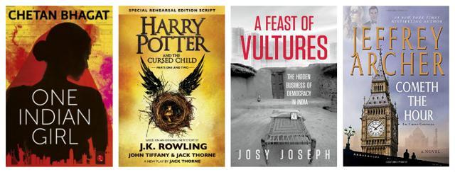 Chetan Bhagat’s One Indian Girl was the highest-selling book this year, followed by JK Rowling’s Harry Potter and the Cursed Child. Josy Joseph’s A Feast of Vultures topped the non-fiction category, and Jeffrey Archer’s Cometh The Hour the international fiction category. Chetan Bhagat’s One Indian Girl was the highest-selling book this year, followed by JK Rowling’s Harry Potter and the Cursed Child. Josy Joseph’s A Feast of Vultures topped the non-fiction category, and Jeffrey Archer’s Cometh The Hour the international fiction category.