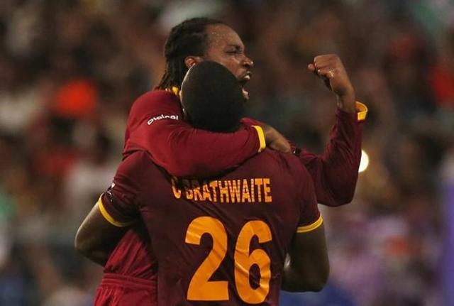 Even the mighty Chris Gayle could not believe what he saw from Carlos Brathwaite (Reuters) Even the mighty Chris Gayle could not believe what he saw from Carlos Brathwaite (Reuters)