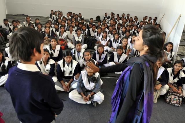School students practising Vande Matram song for the 4-day ABVP meet. (Arun Mondhe/HT photo)