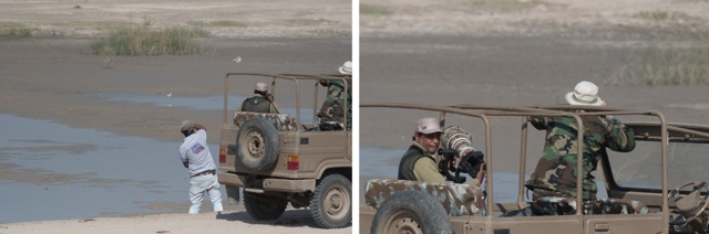 The driver throws stones at a sitting bird and; (right) a close-up of the errant photographers. (PHOTOS: VIPUL RAMANUJ) The driver throws stones at a sitting bird and; (right) a close-up of the errant photographers. (PHOTOS: VIPUL RAMANUJ)