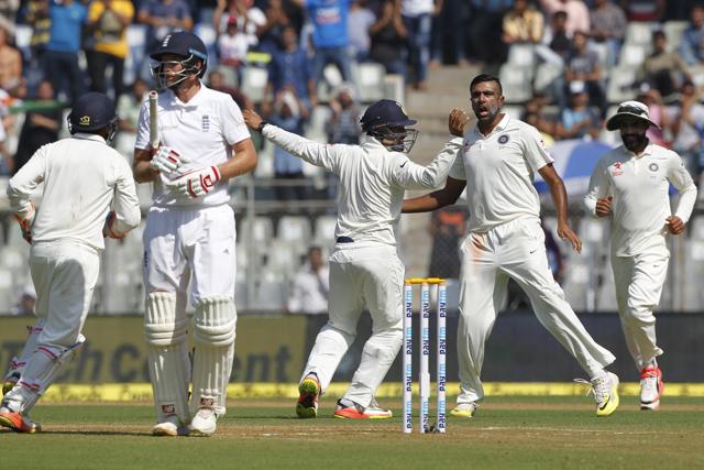 Ravichandran Ashwin of India celebrates the wicket of Joe Root on day 1 of the fourth Test in Mumbai on December 8, 2016 (BCCI )