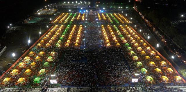 An aerial view of the mass marriage program. (PTI) An aerial view of the mass marriage program. (PTI)